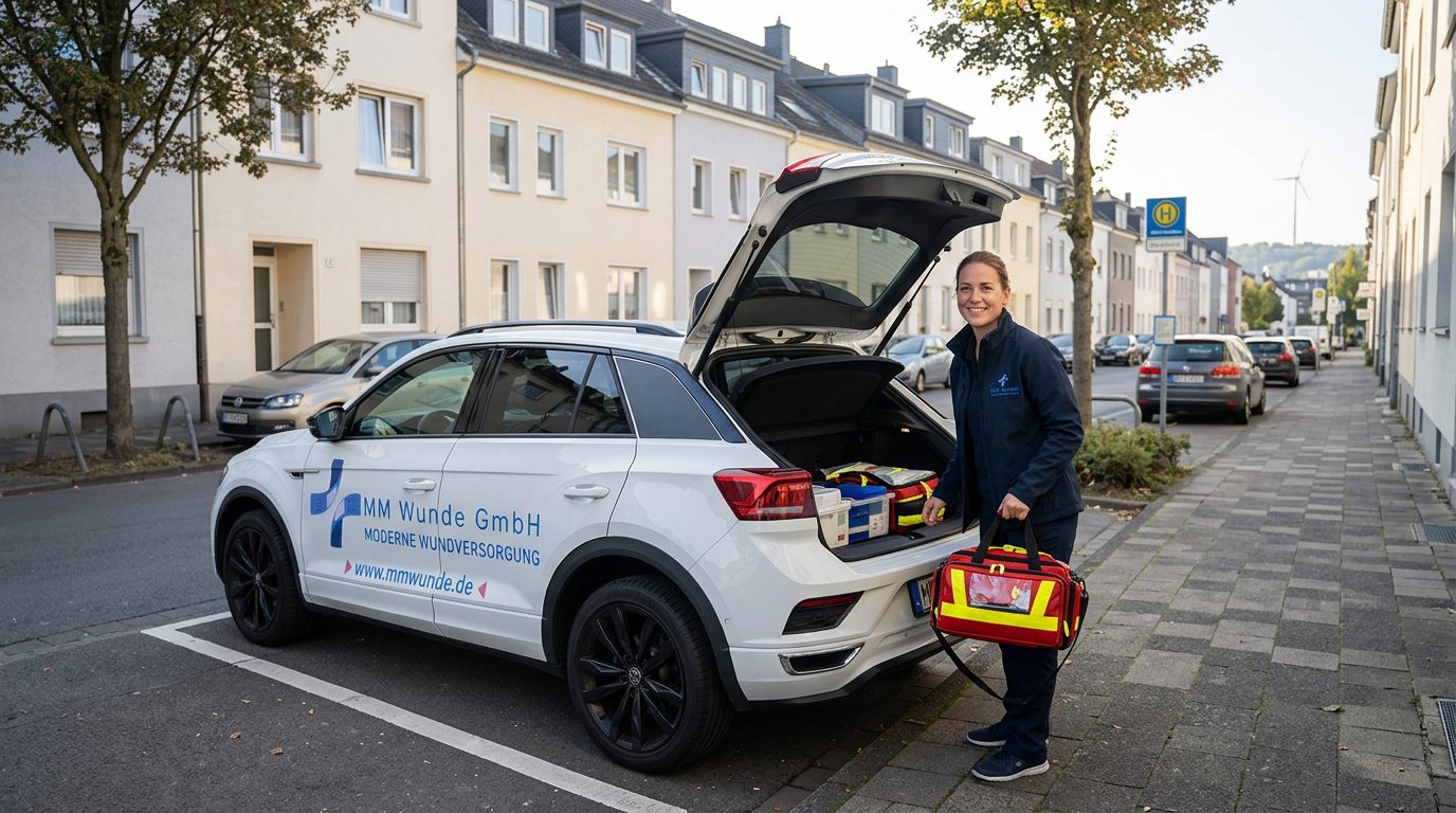 Wundexpertin von MM Wunde am Firmenwagen, mit der Fachtasche auf dem Weg zum Einsatz