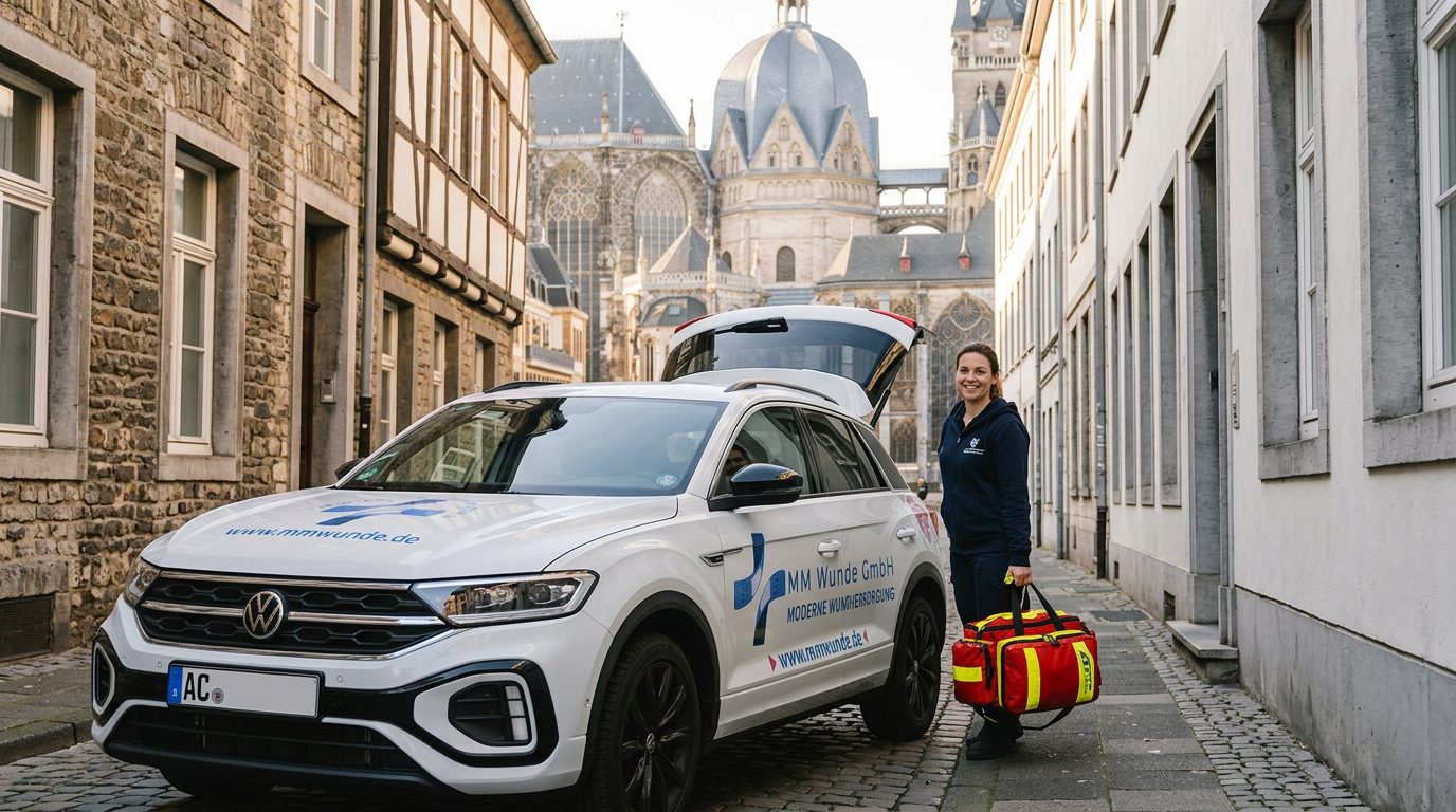 Wundexpertin von MM Wunde am Firmenwagen in einer Altstadtgasse, im Hintergrund der Aachener Dom