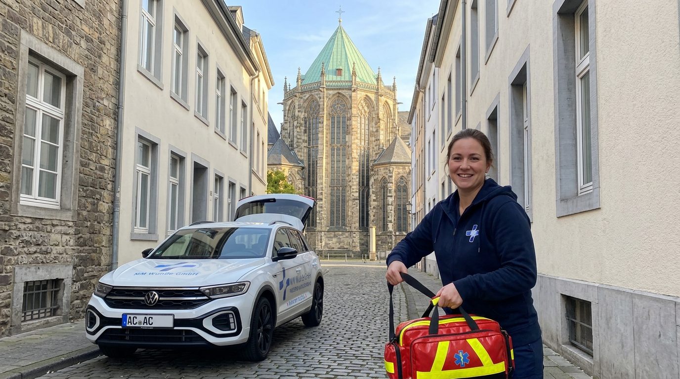 Wundexpertin von MM Wunde mit Fachtasche in der Aachener Altstadt, der Firmenwagen im Hintergrund
