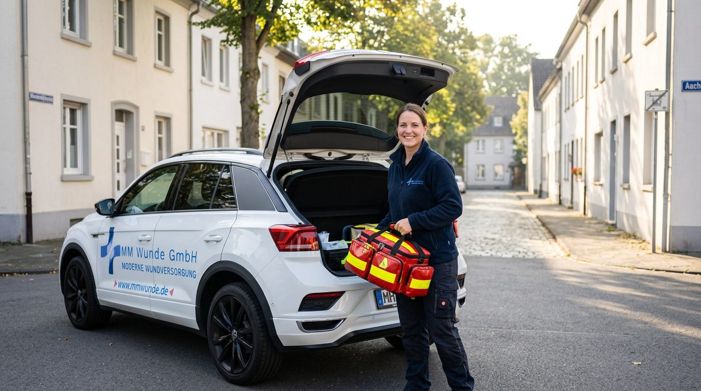 Lächelnde Wundexpertin von MM Wunde mit Fachtasche am Firmenwagen