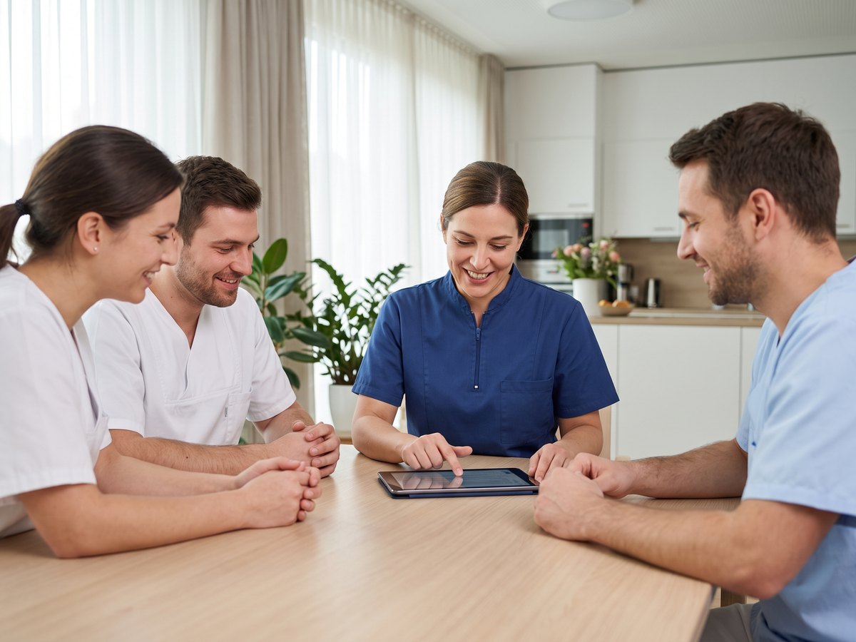 Ein Pflegeteam sitzt am Besprechungstisch, eine Wundexpertin erklärt etwas am Tablet