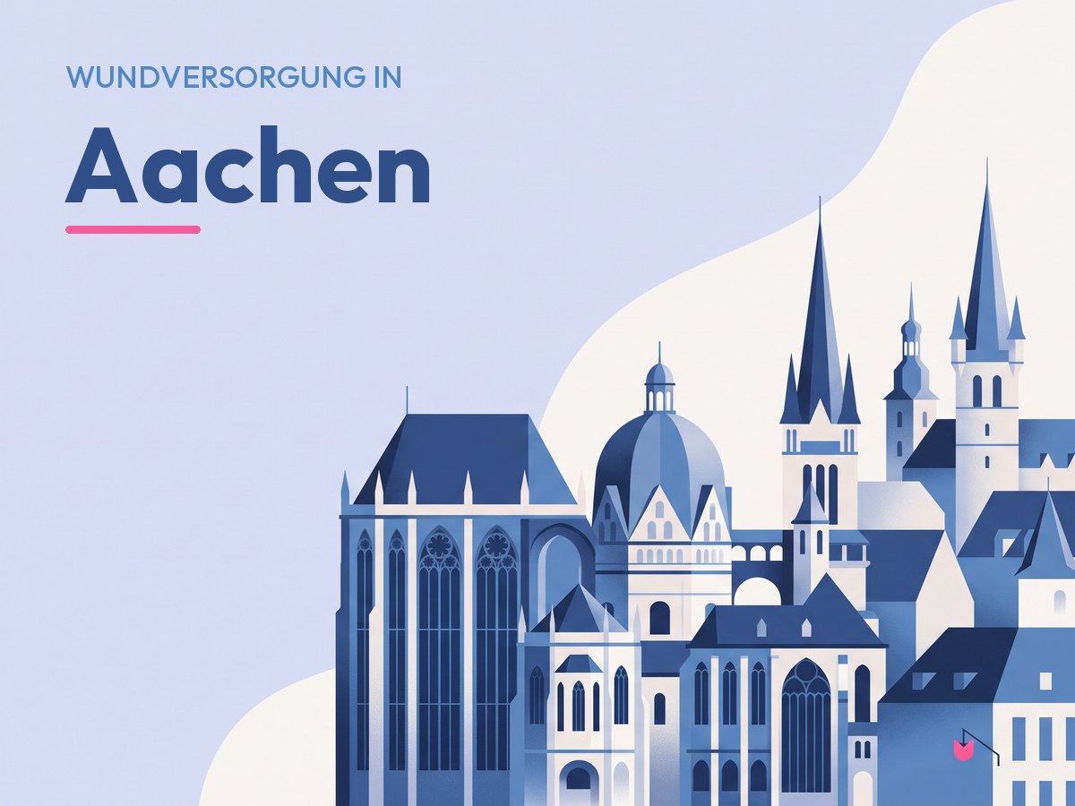 Illustration: der Aachener Dom mit Kuppel und gotischem Chor