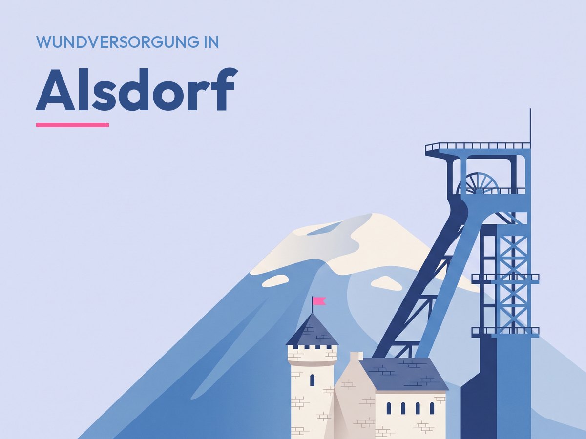 Illustration: Förderturm, Halde und Burg in Alsdorf