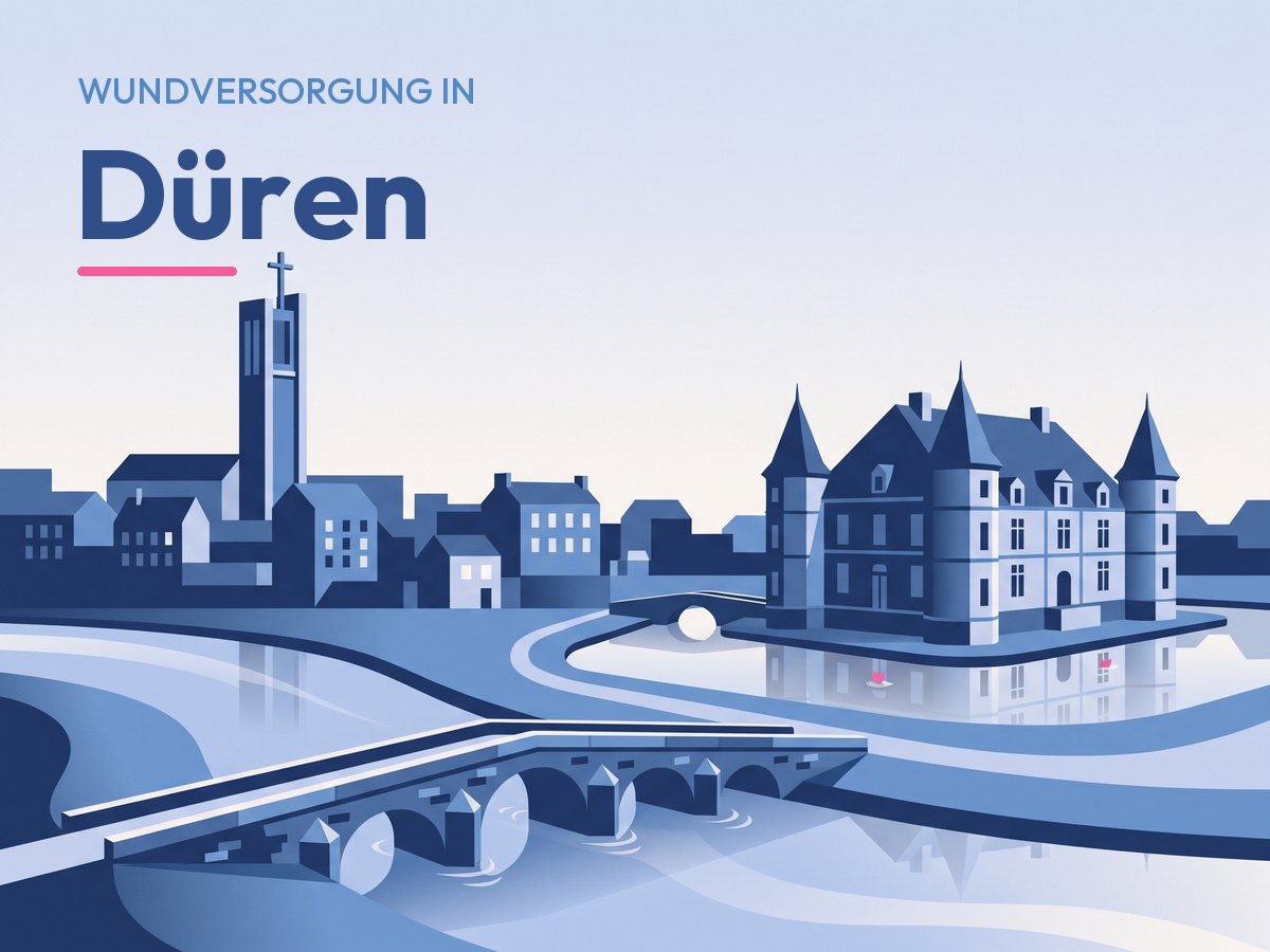 Illustration: Düren mit Kirchturm, Rur und Wasserschloss