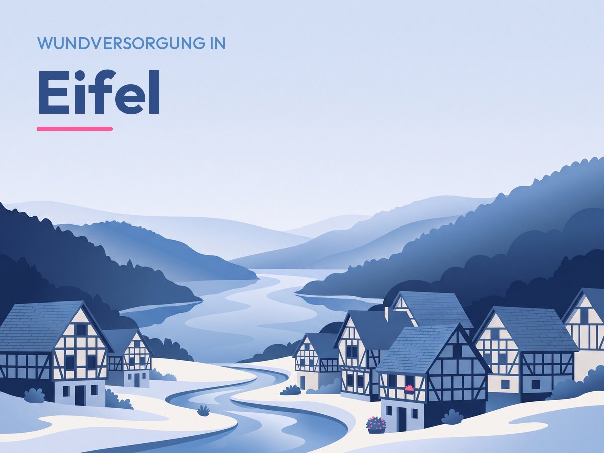 Illustration: Stausee zwischen bewaldeten Hügeln und Fachwerkhäuser in der Eifel