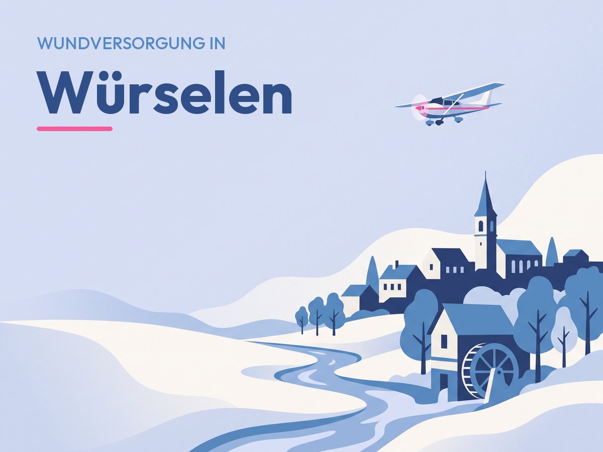 Illustration: Würselen mit Kirchturm, Wurmtal und einem kleinen Flugzeug