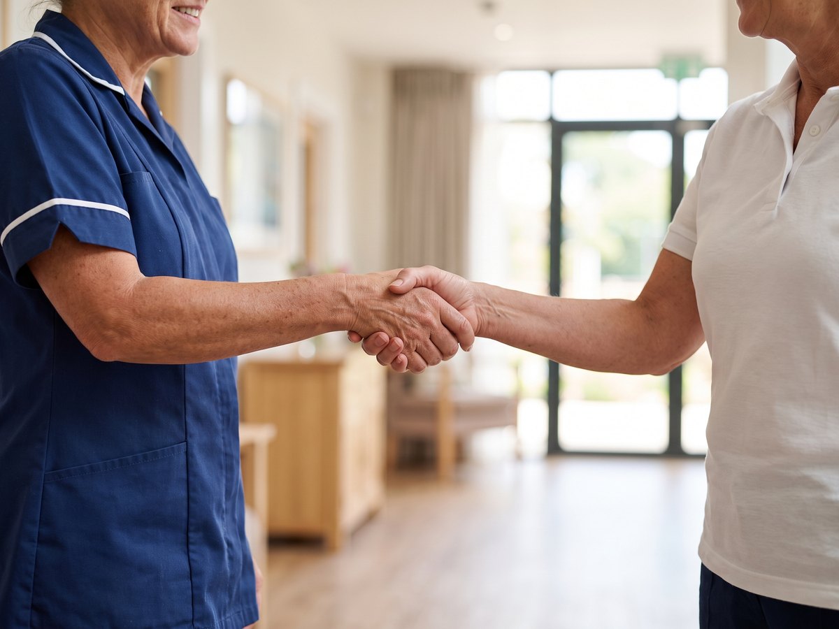 Handschlag zwischen einer Wundexpertin und einer Mitarbeiterin eines Pflegedienstes