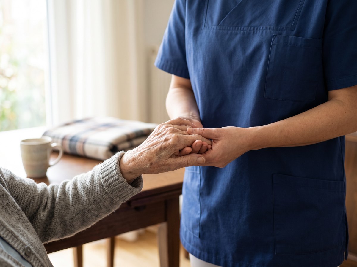 Die Hände einer Pflegekraft halten die Hand einer älteren Bewohnerin