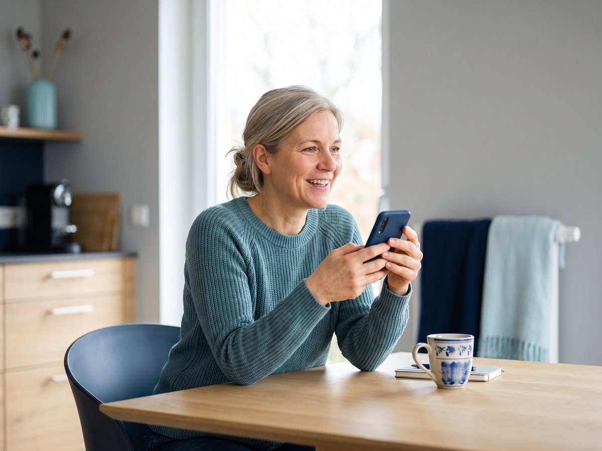 Eine Frau sitzt zu Hause am Tisch und telefoniert lächelnd